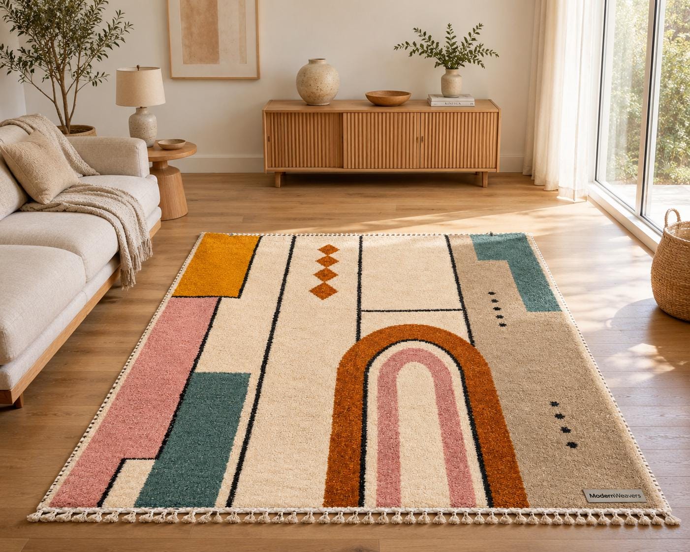 Geometric Moroccan Wool Rug | Bauhaus Arch Design, Pink Mustard Teal