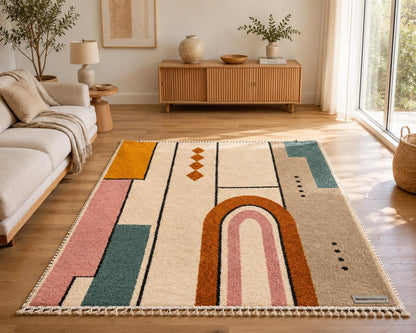 Geometric Moroccan Wool Rug | Bauhaus Arch Design, Pink Mustard Teal