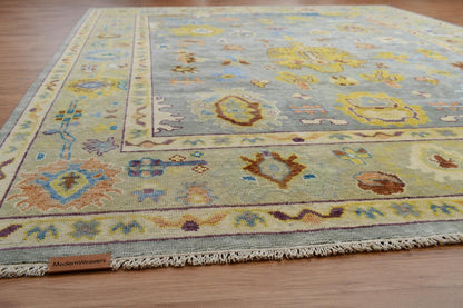 Modern Oushak Rug, Hand Knotted Wool Area Rug, Light Blue and Beige Turkish Style Geometric Floral Rug, 9x12 Area Rug for Living Room