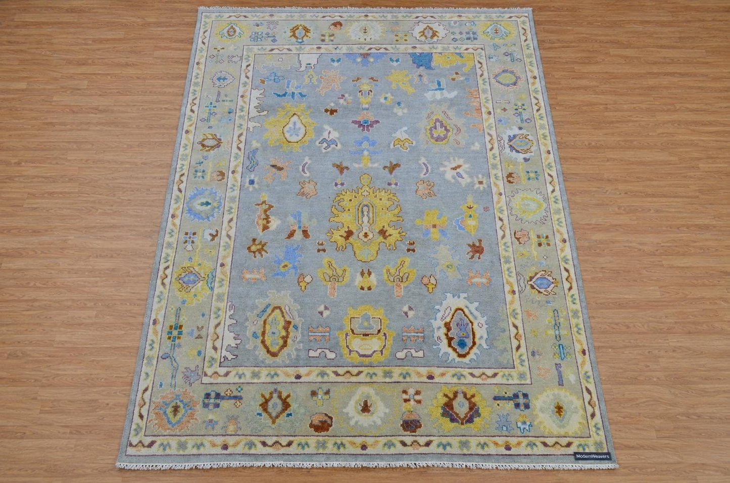 Hand Knotted Oushak Rug | Light Blue & Yellow Floral Geometric Area Rug | Muted Pastel Traditional Wool Carpet for Living Room, Bedroom