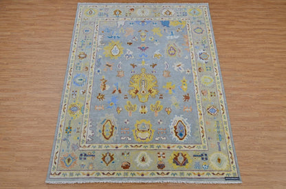 Hand Knotted Oushak Rug | Light Blue & Yellow Floral Geometric Area Rug | Muted Pastel Traditional Wool Carpet for Living Room, Bedroom