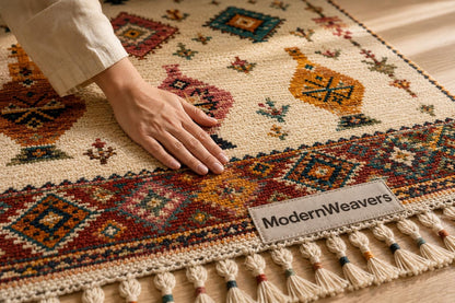Hand Knotted Moroccan Rug | Colorful Geometric Boho Area Carpet, Jewel Tone Motifs
