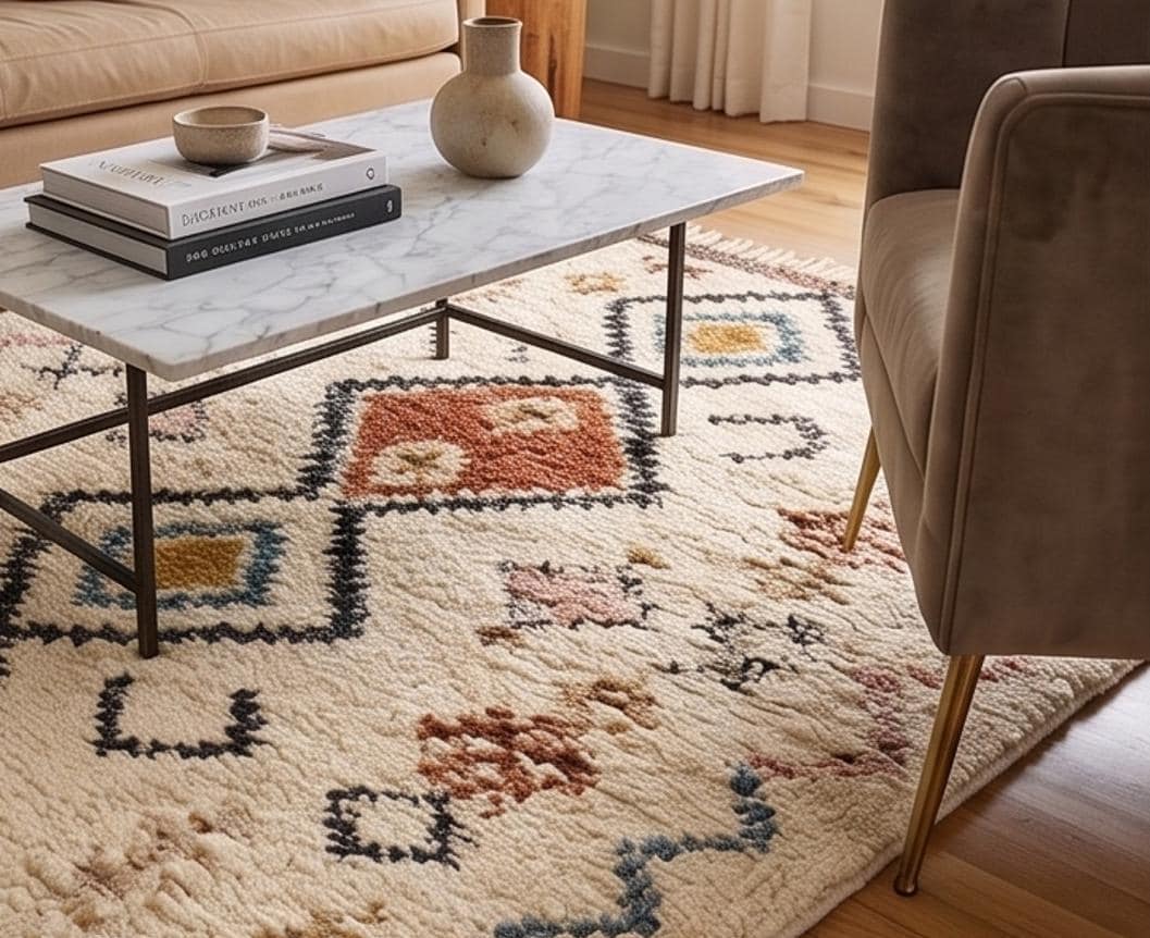 Boho Moroccan Geometric Area Rug | Plush Cream & Colorful Diamond Area Rug | Handwoven Shag Carpet by ModernWeavers | Custom Sizes