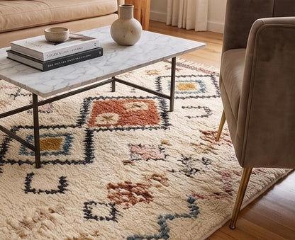 Boho Moroccan Geometric Area Rug | Plush Cream & Colorful Diamond Area Rug | Handwoven Shag Carpet by ModernWeavers | Custom Sizes