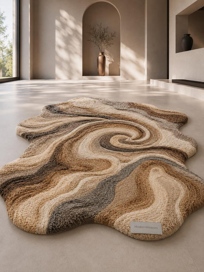 Organic Shape Hand Tufted Rug | Abstract Swirl Topographic Carpet | Earth Tone Neutral Textural Art | Modern Minimalist Area Rug