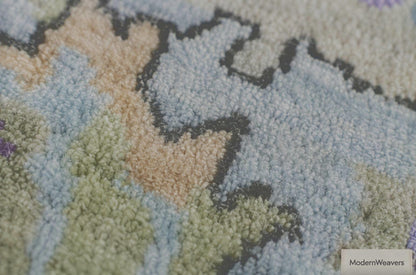Hand-Knotted Pastel Floral Area Rug | Transitional Oushak Style Carpet | Ivory, Slate Grey, Pink & Blue Wool Rug for Living Room
