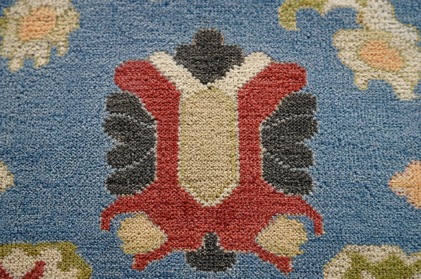 ModernWeavers Hand-Knotted Wool Rug | Dusty Blue & Beige Oushak Style Area Rug | Transitional Geometric Floral Pattern | Artisan Home Decor