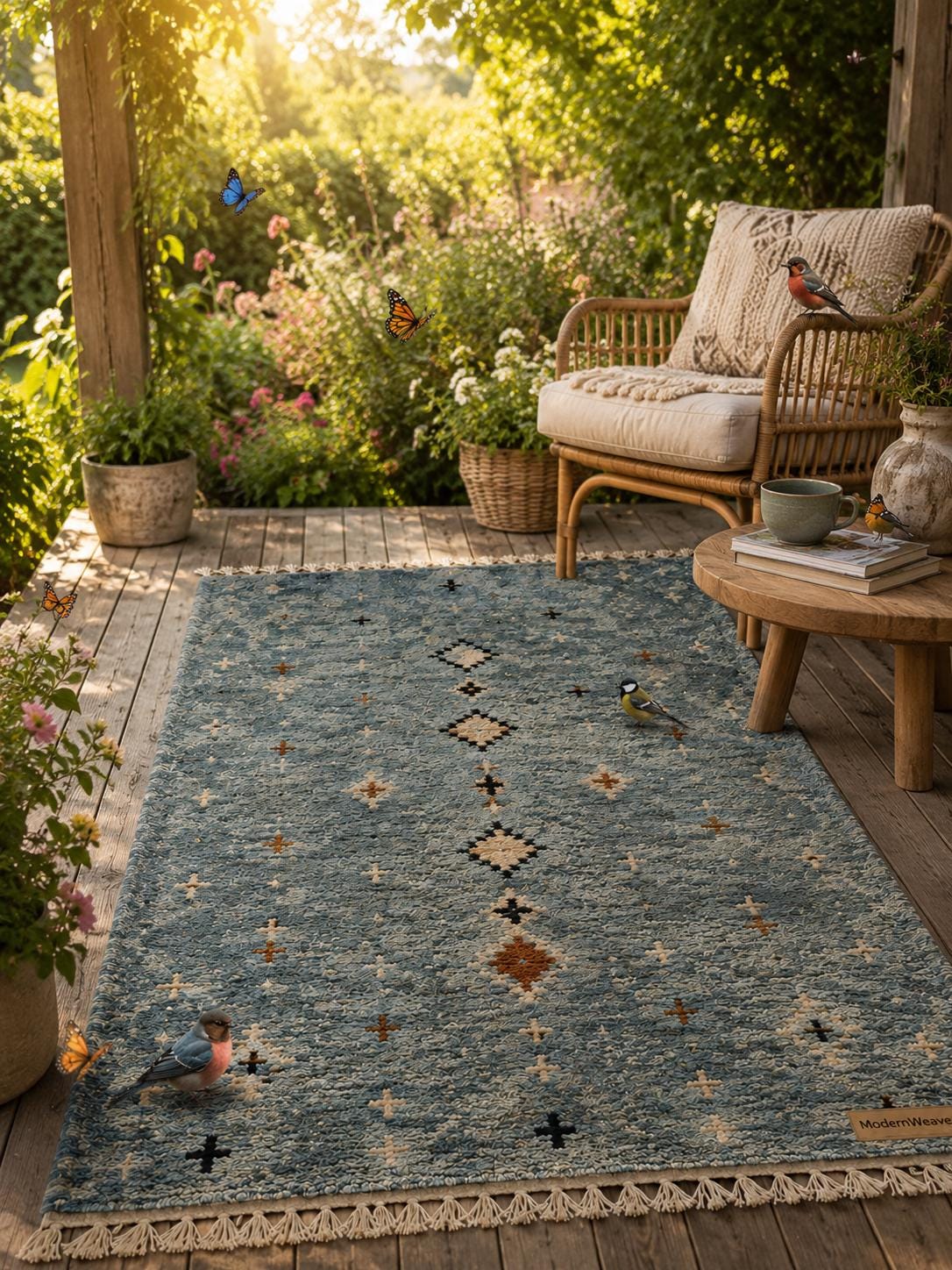 Dusty Blue Hand-Knotted Wool Rug | Tribal Diamond Boho Shag Carpet