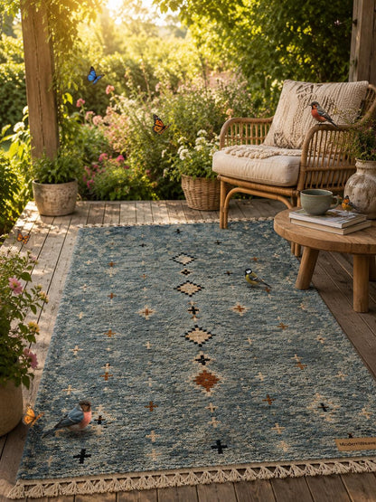 Dusty Blue Hand-Knotted Wool Rug | Tribal Diamond Boho Shag Carpet