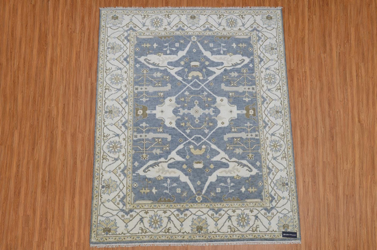 Hand-Knotted Oushak Style Wool Rug | Blue Ivory Geometric Medallion Carpet 8x10