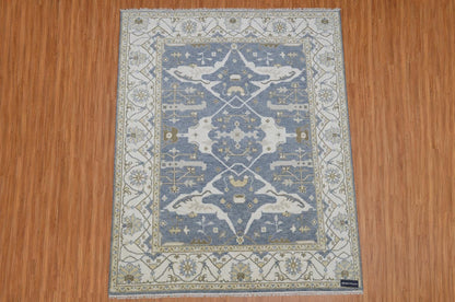 Hand-Knotted Oushak Style Wool Rug | Blue Ivory Geometric Medallion Carpet 8x10