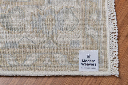 Hand-Knotted Oushak Style Rug | Pastel Ivory, Light Blue, Beige Floral Geometric Living Room Decor