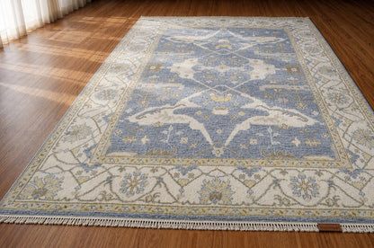 Hand-Knotted Oushak Style Wool Rug | Blue Ivory Geometric Medallion Carpet 8x10