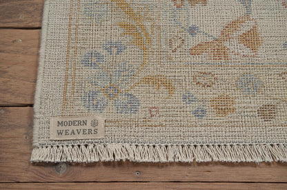 Hand-Knotted Transitional Oushak Style Area Rug | Ivory, Muted Gold & Soft Blue Floral Motif