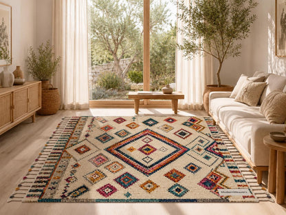 Hand Knotted Moroccan Berber Rug | Colorful Diamond Tribal Wool Carpet | Boho Chic Fringe Rug
