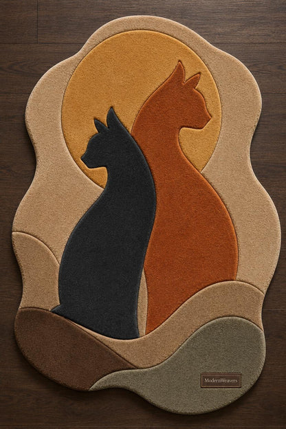 Cat Silhouette Hand Tufted Rug | Whimsical Pet Lover Area Rug | Modern Sun & Cats Wall Art | 3D Textured Boho Carpet for Cat Owners