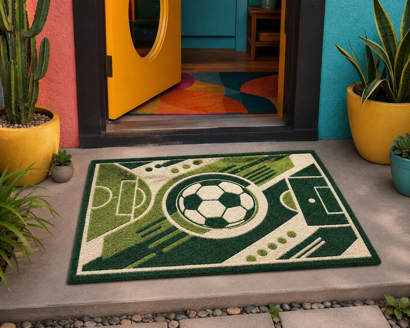 Round Soccer Ball Rug | 3D Carved Football Pitch Carpet, Kids Sports Room Decor