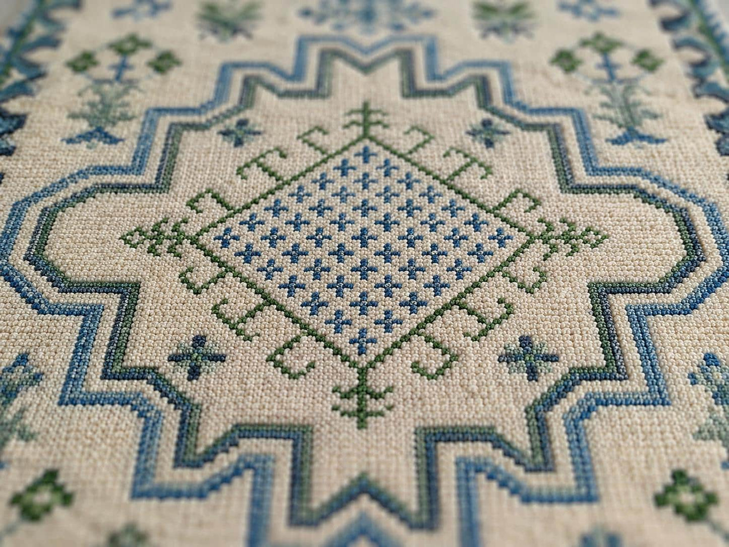 Hand Knotted Ivory and Blue Geometric Area Rug | Transitional Medallion Carpet with Green Accents | Coastal Boho Living Room Decor