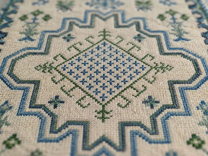 Hand Knotted Ivory and Blue Geometric Area Rug | Transitional Medallion Carpet with Green Accents | Coastal Boho Living Room Decor