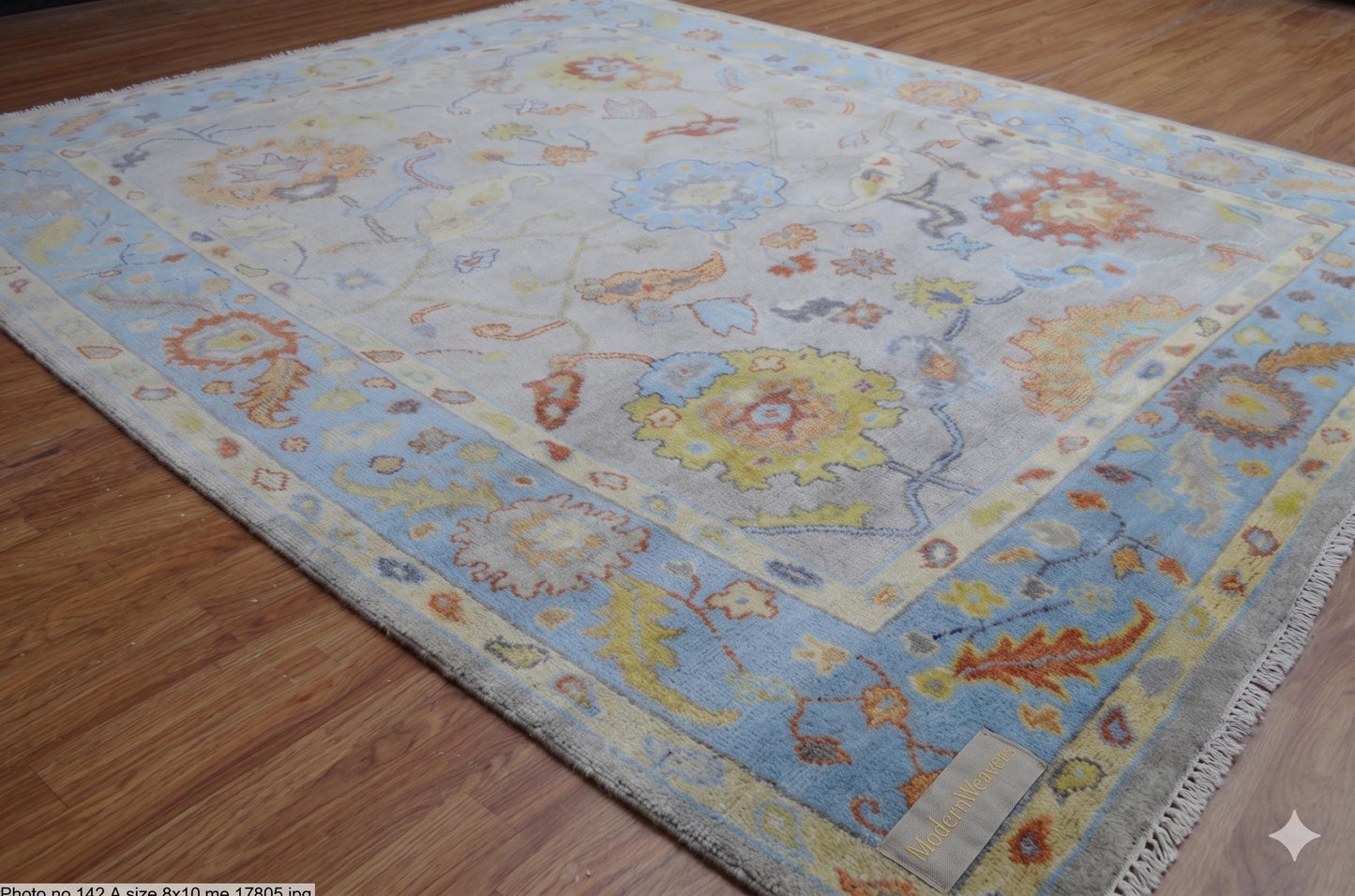 Hand Knotted 8x10 Oushak Rug | Grey and Light Blue Floral Wool Area Rug | Artisanal ModernWeavers Carpet | Living Room Decor