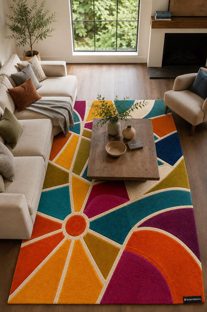 Cubist Abstract Geometric Area Rug | Hand-Tufted Stained-Glass Design | Bold Teal, Orange & Magenta Art Deco Accent Artisan Carved Carpet