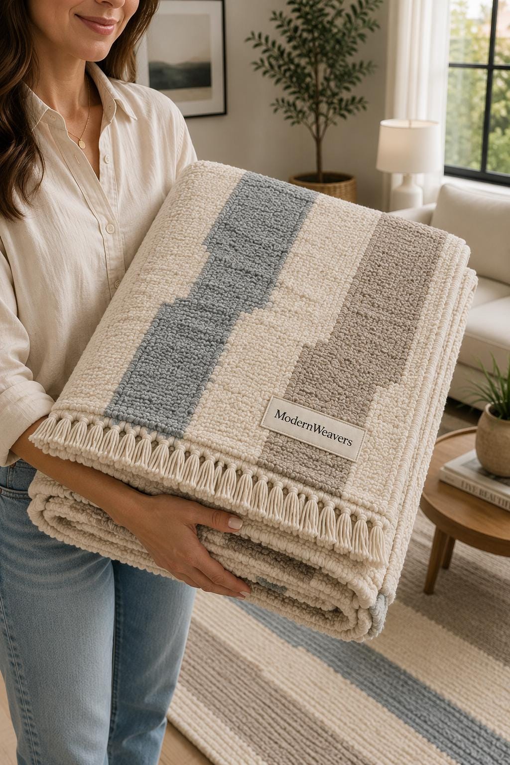 Modern Abstract Moroccan Rug | Cream, Taupe, Dusty Blue Geometric Wool Shag Carpet