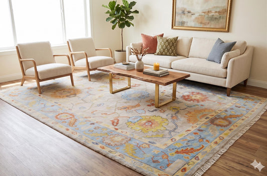 Hand Knotted 8x10 Oushak Rug | Grey and Light Blue Floral Wool Area Rug | Artisanal ModernWeavers Carpet | Living Room Decor