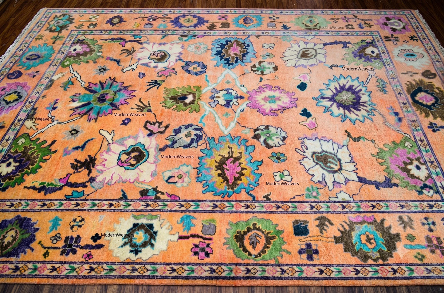 Hand-Knotted Wool Rug – Oushak Style Orange Floral Carpet, Artisan Area Rug