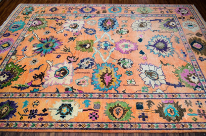 Hand-Knotted Wool Rug – Oushak Style Orange Floral Carpet, Artisan Area Rug