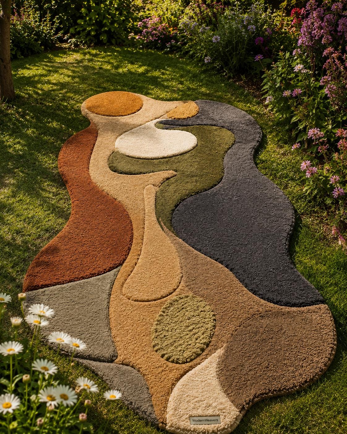 3D Carved Abstract Rug | Organic Wavy Shape Carpet, Earth Tone Wabi Sabi Floor Art