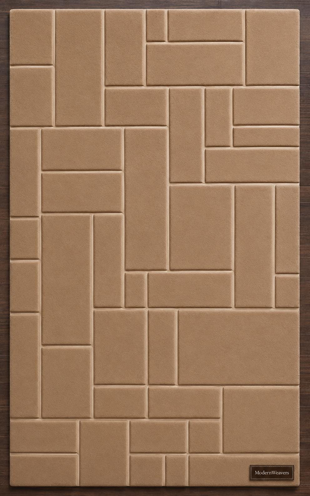 Modern Geometric Block Rug | Minimalist Tan Area Carpet | 3D Sculpted Grid Pattern | Architectural Hand Tufted Floor Art