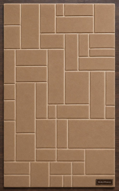 Modern Geometric Block Rug | Minimalist Tan Area Carpet | 3D Sculpted Grid Pattern | Architectural Hand Tufted Floor Art