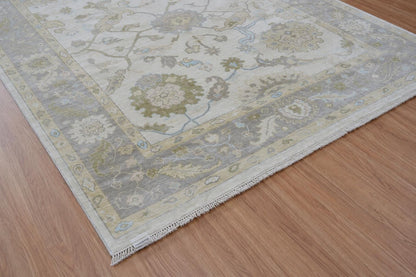 Hand-Knotted Wool Rug | Ivory, Sage Green, Light Blue Floral Oushak Style Area Rug