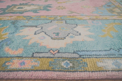 Hand-Knotted Wool Oushak Rug, Pastel Pink Teal Transitional Living Room Carpet