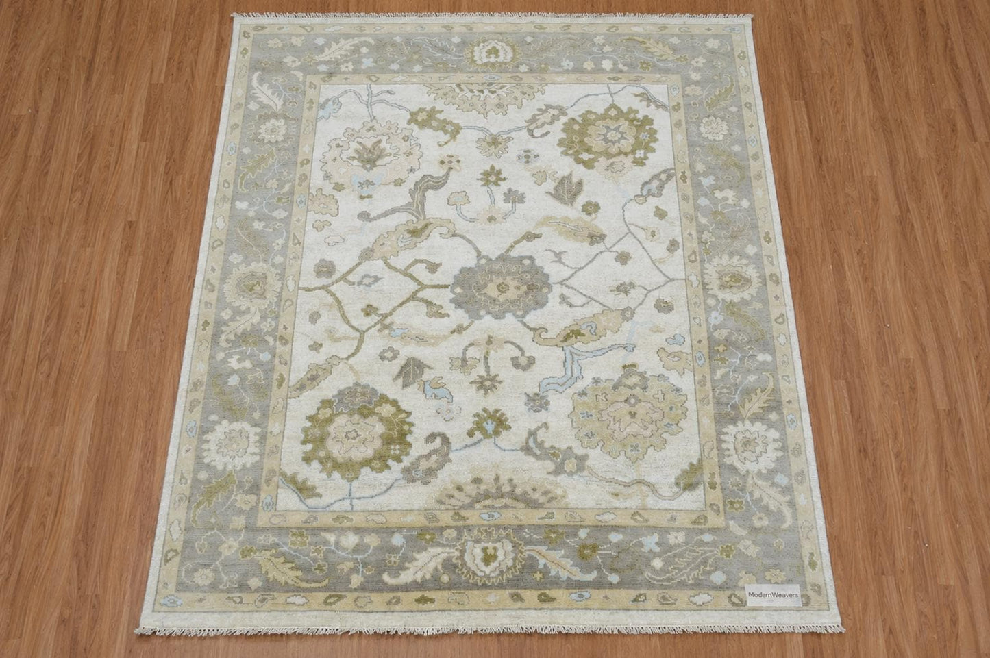 Hand-Knotted Wool Rug | Ivory, Sage Green, Light Blue Floral Oushak Style Area Rug