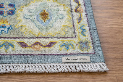 Hand Knotted Oushak Rug | Light Blue & Yellow Floral Geometric Area Rug | Muted Pastel Traditional Wool Carpet for Living Room, Bedroom