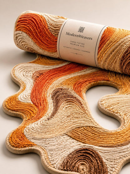 Abstract Swirl Hand Tufted Rug | Organic Wavy Textural Carpet | Modern Burnt Orange & Neutral Area Rug | Sculptural Biophilic Floor Art