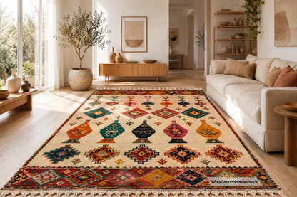 Hand Knotted Moroccan Rug | Colorful Geometric Boho Area Carpet, Jewel Tone Motifs