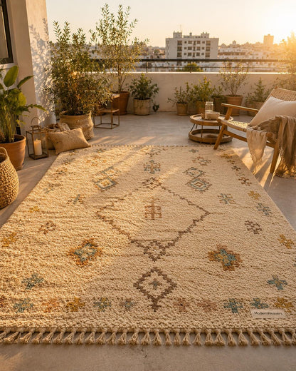 Hand-Knotted Moroccan Rug | Cream Plush Shag Area Rug, Beni Ourain Style Ivory, Blue, Brown