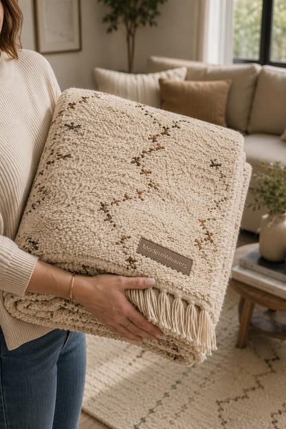 Hand-Knotted Moroccan Rug | Cream Brown Beni Ourain Style Tribal Diamond Wool Area Rug
