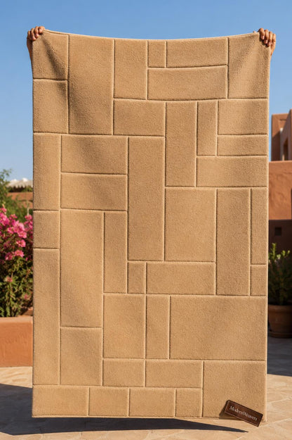Modern Geometric Block Rug | Minimalist Tan Area Carpet | 3D Sculpted Grid Pattern | Architectural Hand Tufted Floor Art