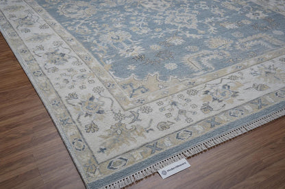 Hand-Knotted Wool Rug | Slate Blue Ivory Oushak Style Area Carpet (9x12)
