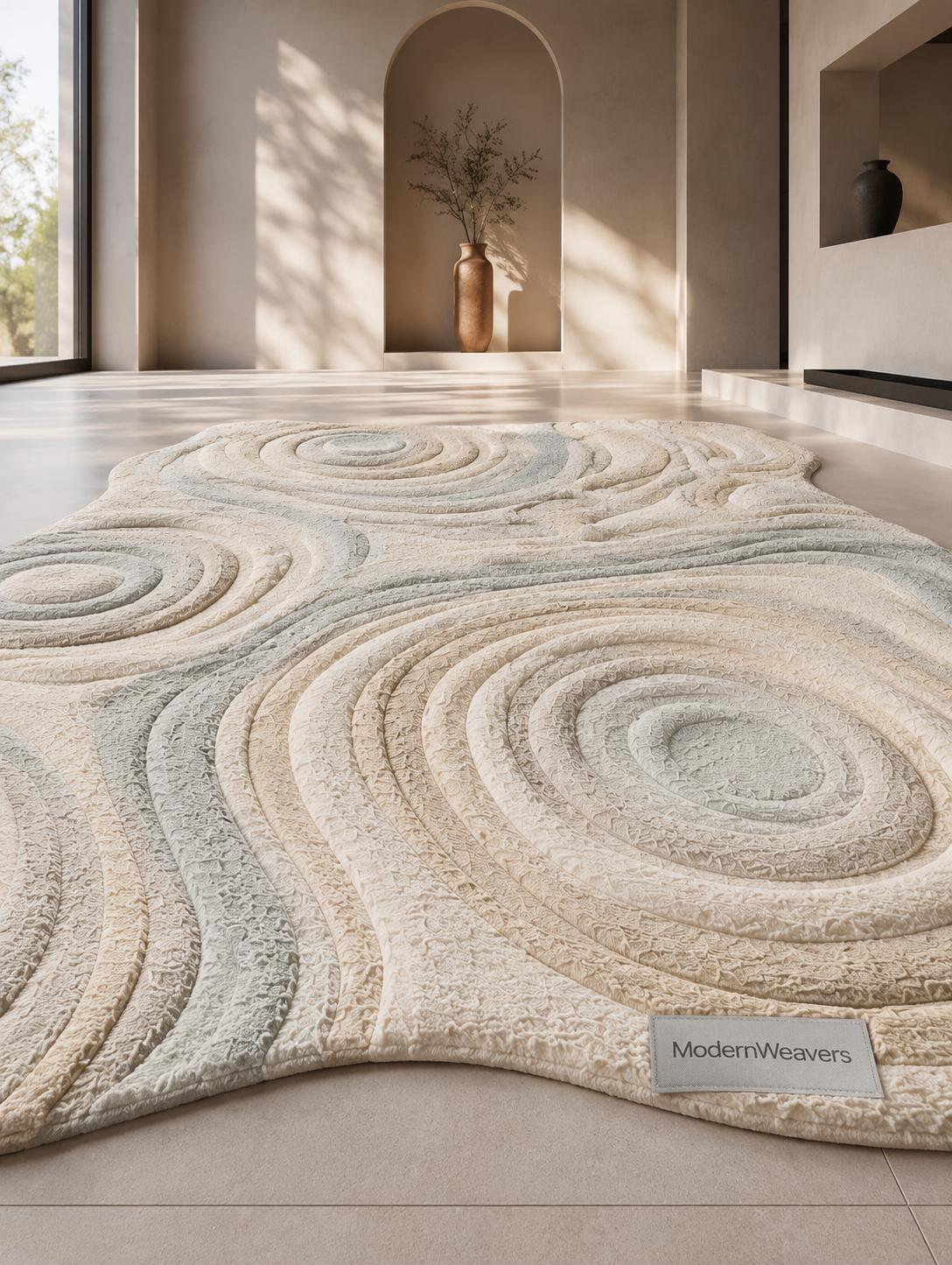 Organic Shape Hand Tufted Rug | Zen Ripples Topographic Design | Neutral Minimalist Carved Carpet | Soft Earth Tone Abstract Area Rug