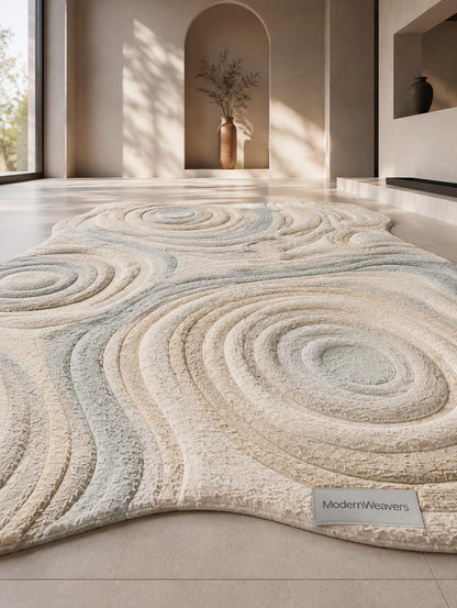 Organic Shape Hand Tufted Rug | Zen Ripples Topographic Design | Neutral Minimalist Carved Carpet | Soft Earth Tone Abstract Area Rug