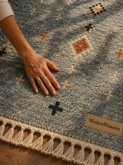 Dusty Blue Hand-Knotted Wool Rug | Tribal Diamond Boho Shag Carpet