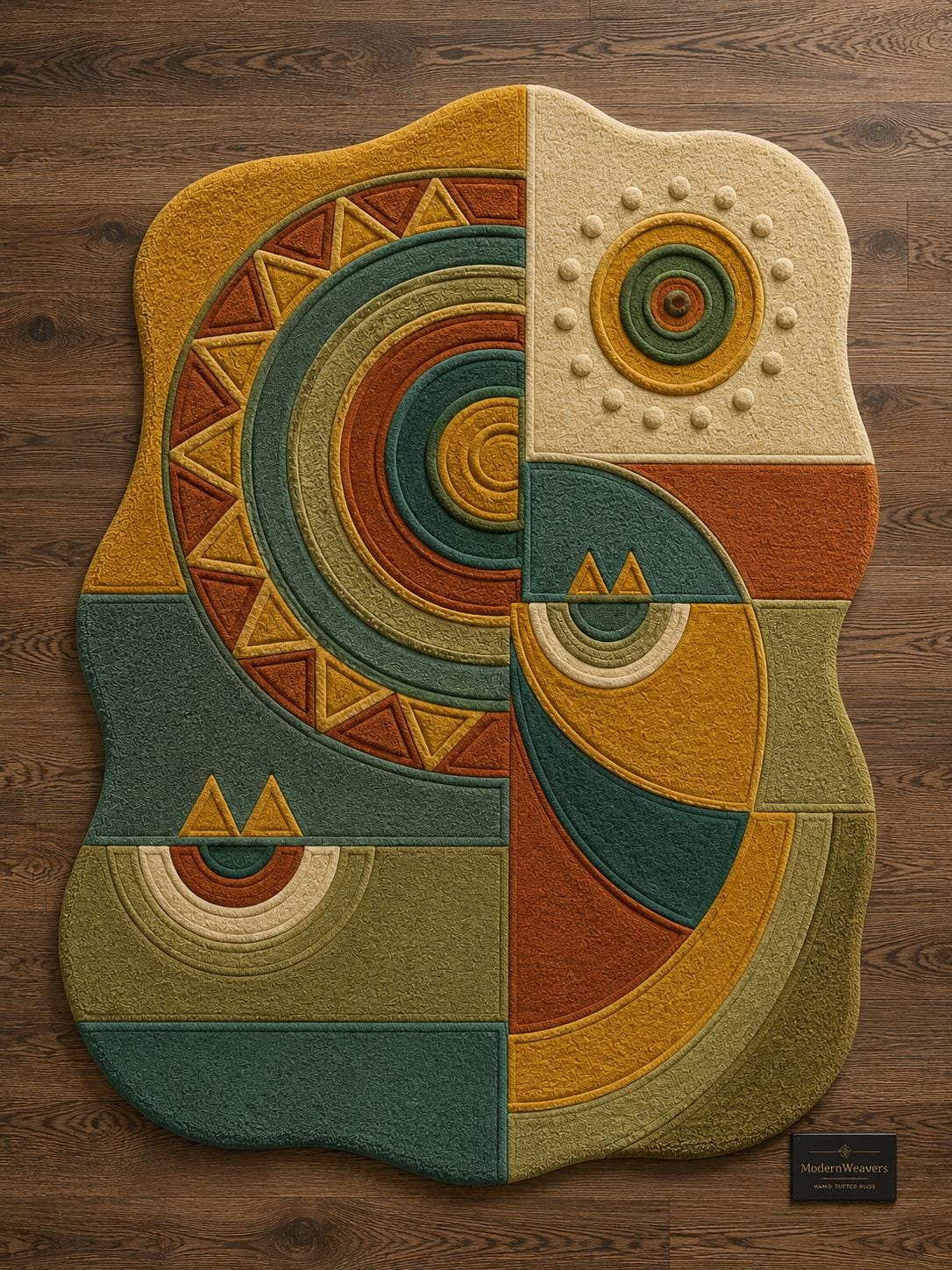Celestial Boho Hand Tufted Rug | Tribal Geometric Statement Carpet | Earthy Sun & Moon Abstract Art | Unique Organic Shape Floor Decor