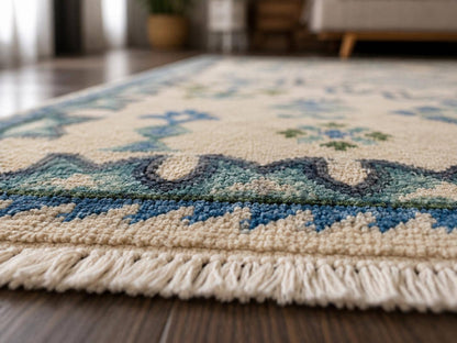Hand Knotted Ivory and Blue Geometric Area Rug | Transitional Medallion Carpet with Green Accents | Coastal Boho Living Room Decor