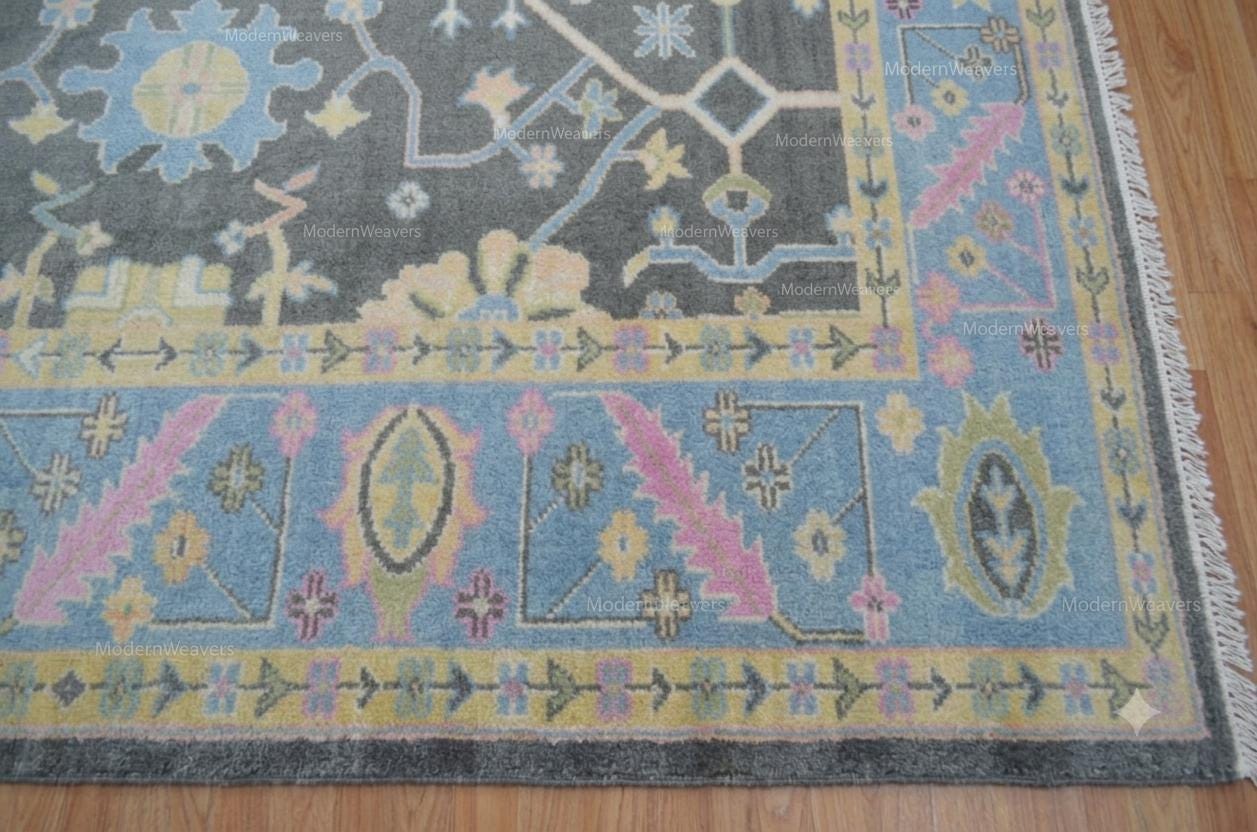 The Serana Hand-Knotted Oushak Wool Rug – 9'x12', Gray & Pastel Blue