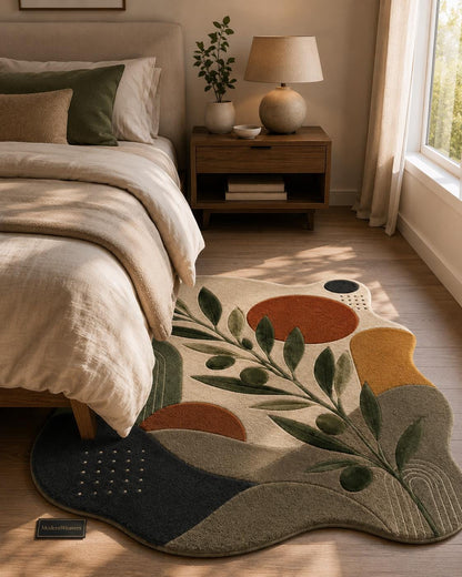 Abstract Olive Branch Hand Tufted Rug | Mid Century Modern Botanical Area Rug | Terracotta & Green Boho Room Decor | Irregular Shaped Carpet