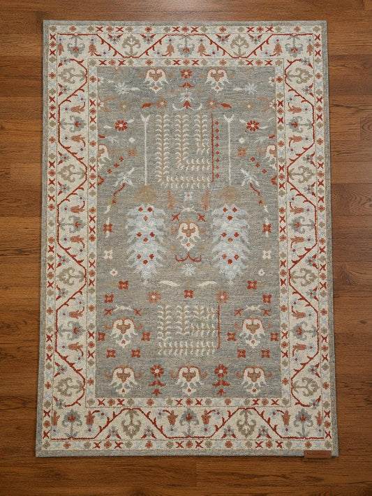 Hand Knotted Oushak Area Rug | Muted Sage and Rust Vintage Style Wool Rug | Traditional Floral Geometric Carpet for Living Room or Bedroom